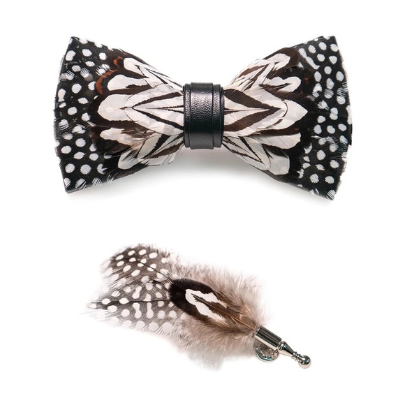 Other - Handmade Black and White Feather Bow Tie Boutonnière Lapel Pin Set